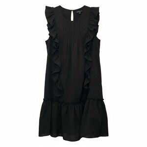 Banana Republic Dress MEDIUM Black Pleat Front Ruffle Hem Flutter Sleeve
